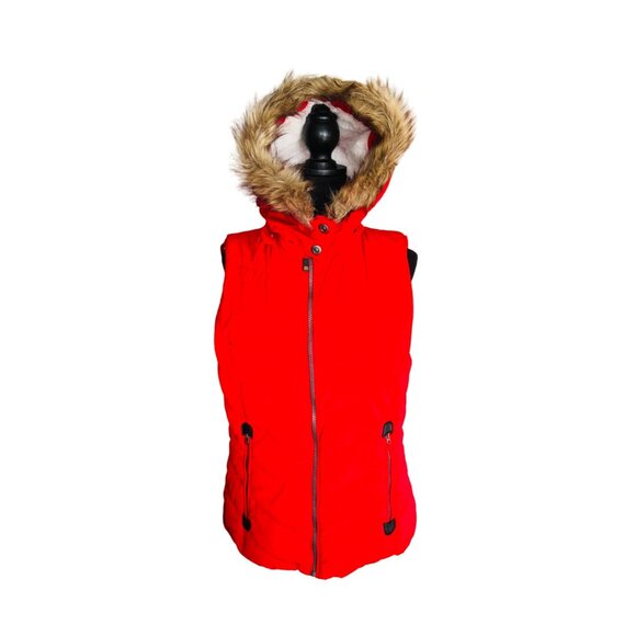 Red Soft Quilted Hooded Vest Fleece Lined Faux Fur Trim Green Tea L/G Outdoor - Picture 8 of 14